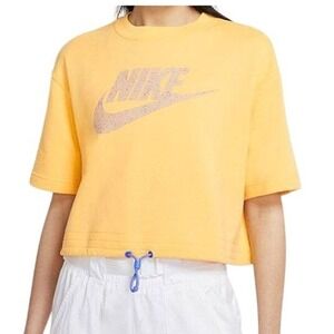 Nike Icon Clash Cropped Sweatshirt Yellow Short Sleeve Drawstring Size Large
